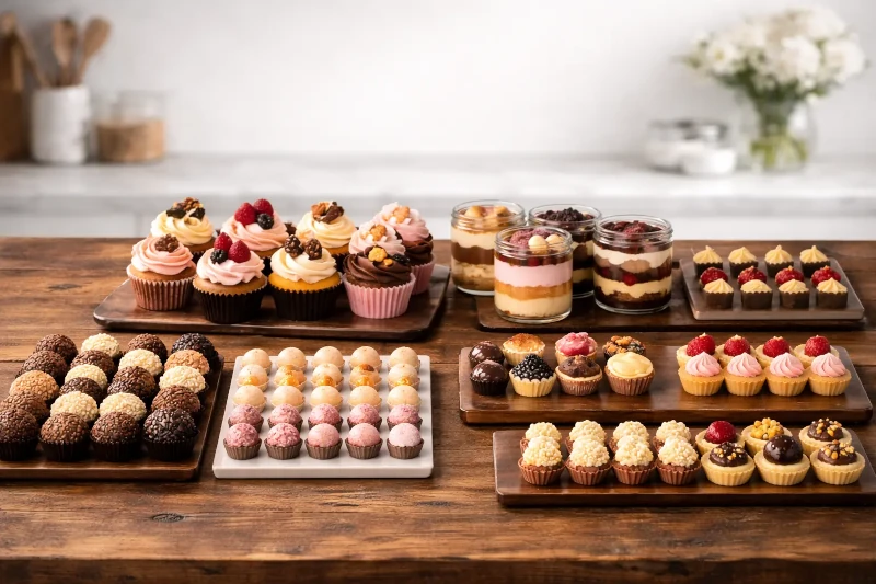 Diferentes tipos de docinhos de aniversários e outras sobremesas em cima de uma mesa de madeira