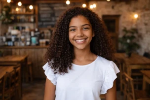 Foto de uma jovem moça sorridente de pele parda com cabelos cacheados e blusa branca